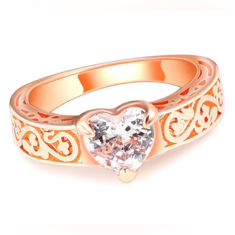 Ring Size 8 Rose Gold Plated Band with Heart shaped Crystal CZ
